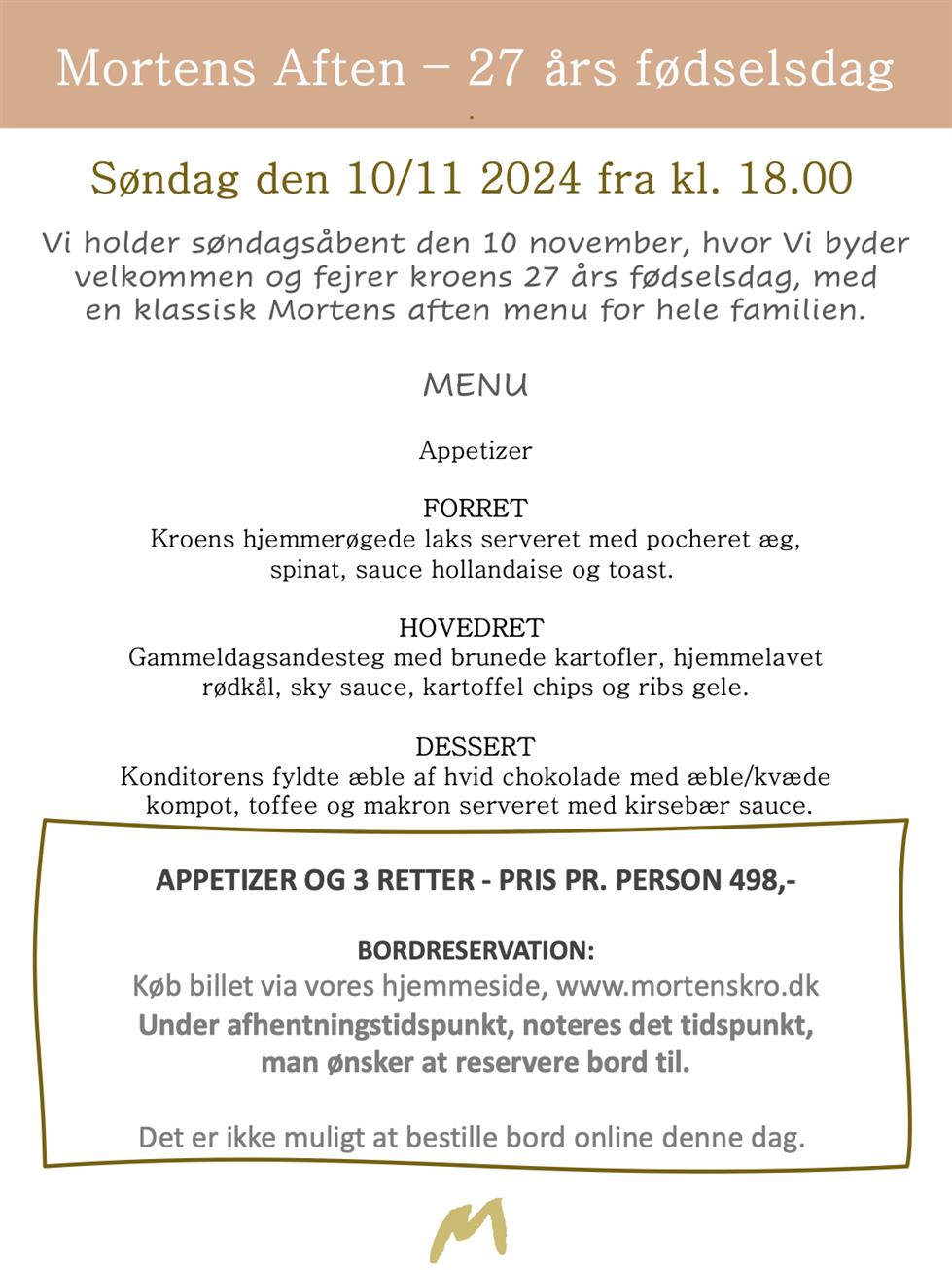 MORTENS AFTEN 10 November (UDSOLGT) venteliste på Karina@mortenskro.dk